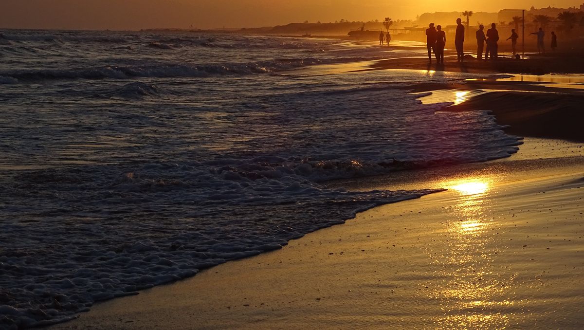 Walking with friends at sunset, impressed by the reflection