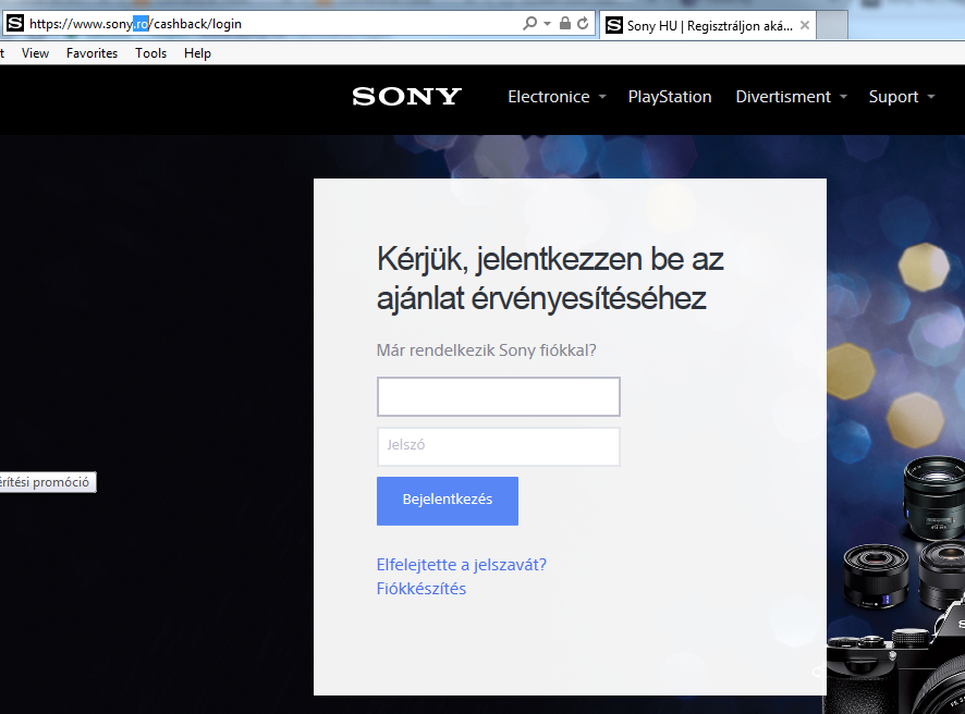 Hungarian site on Romanian cashback login page